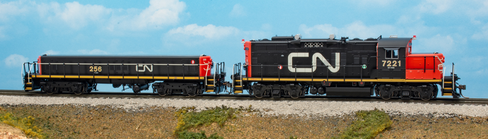 Color photo of two HO scale diesels on scenicked base.