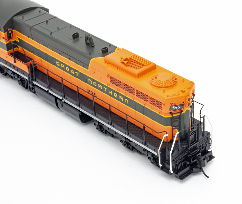 Overhead color photo showing long hood of HO scale diesel.