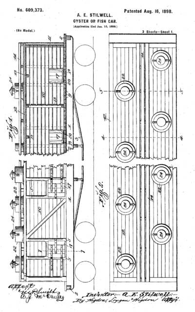 U.S. Patent drawing showing side of Stilwell oyster car.