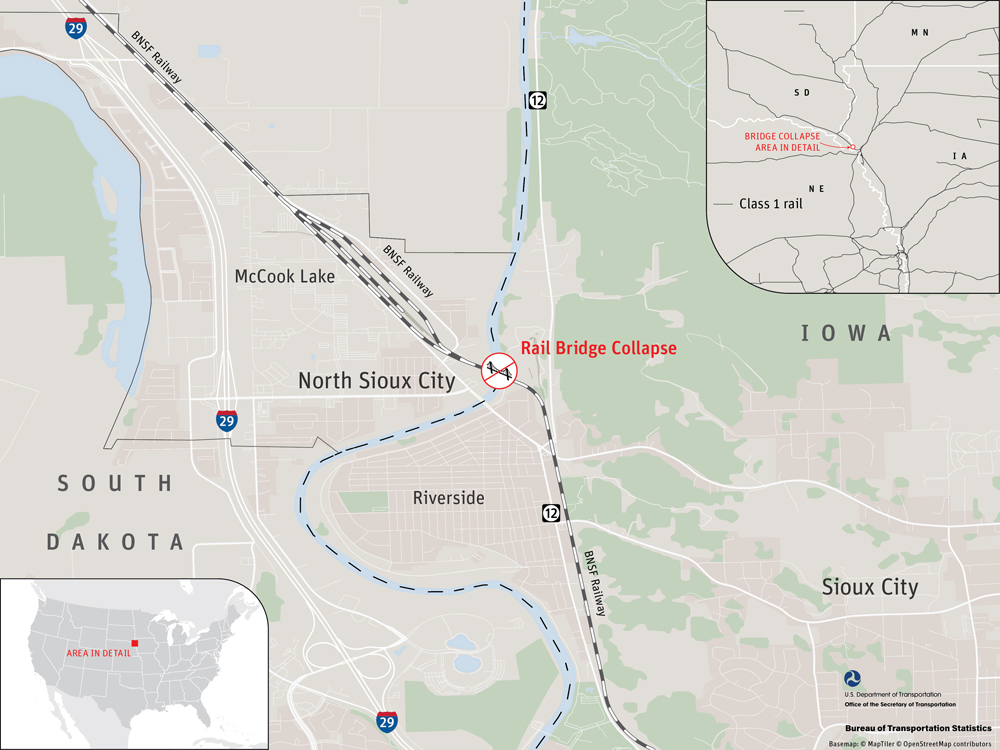 Map of location of collapsed railroad bridge over Big Sioux River between South Dakota and Iowa