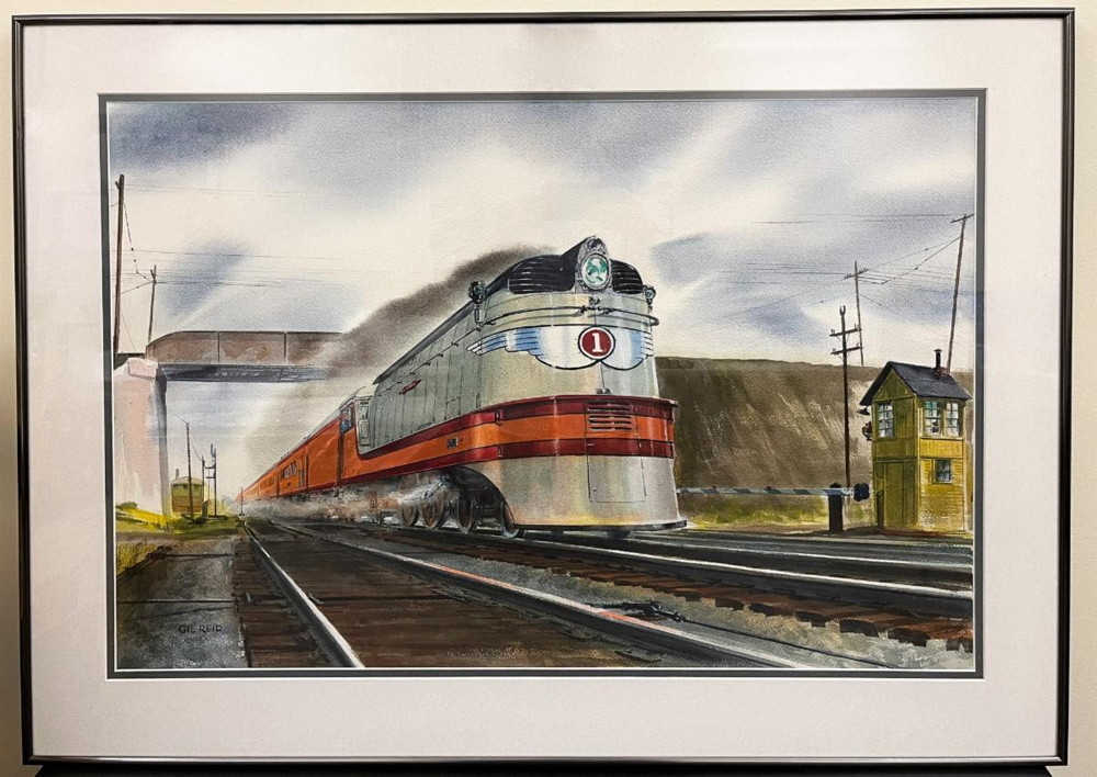 Painting of streamlined steam locomotive at speed