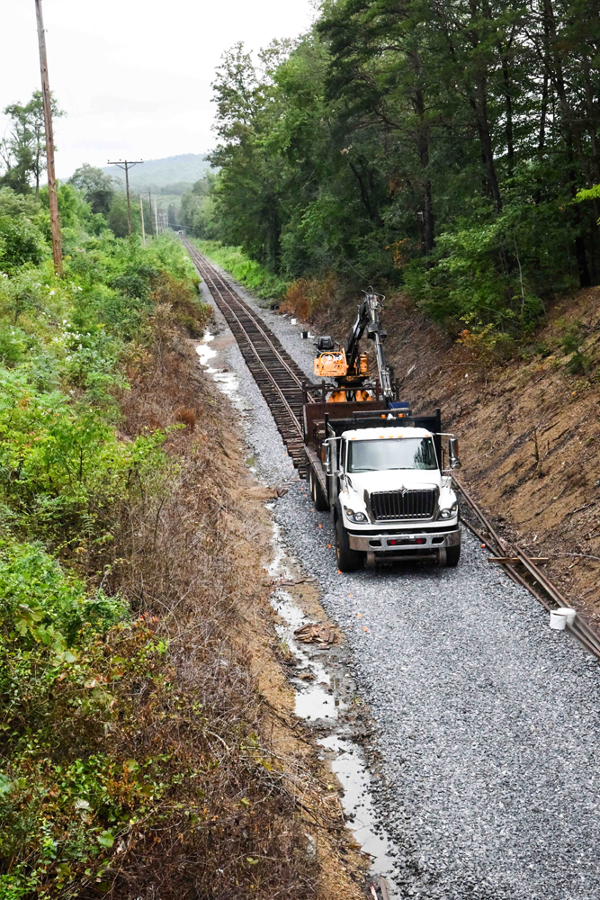 Track being relayed on freshly ballasted right-of-way