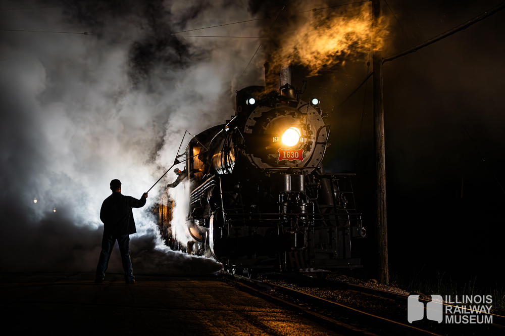 Night photo of steam locomotive