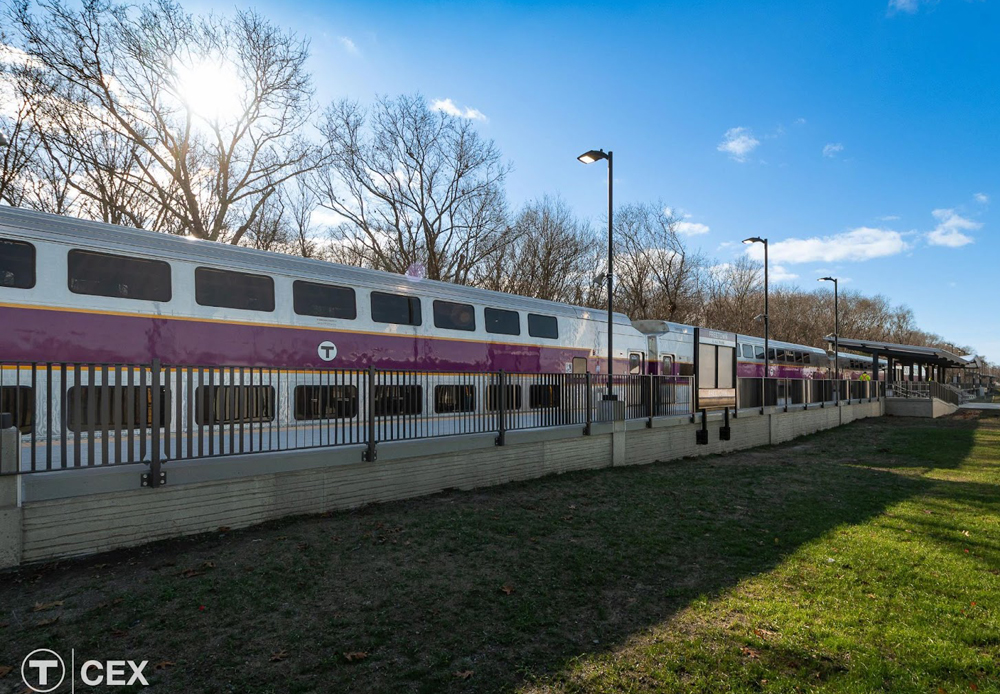 Silver bilevel coaches with purple coaches at station