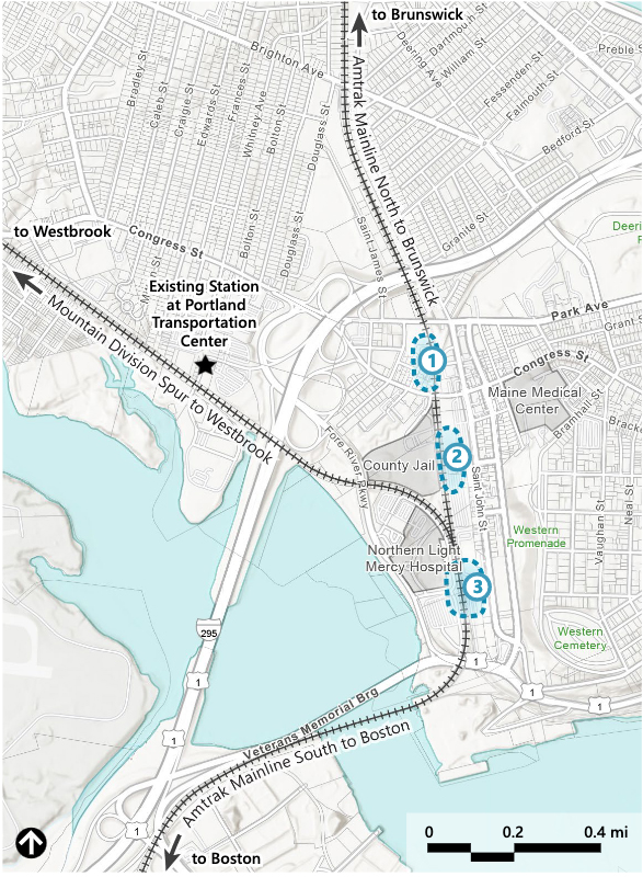 Map of Portland, Maine, showing current Amtrak station in relation to three possible locations for a new station