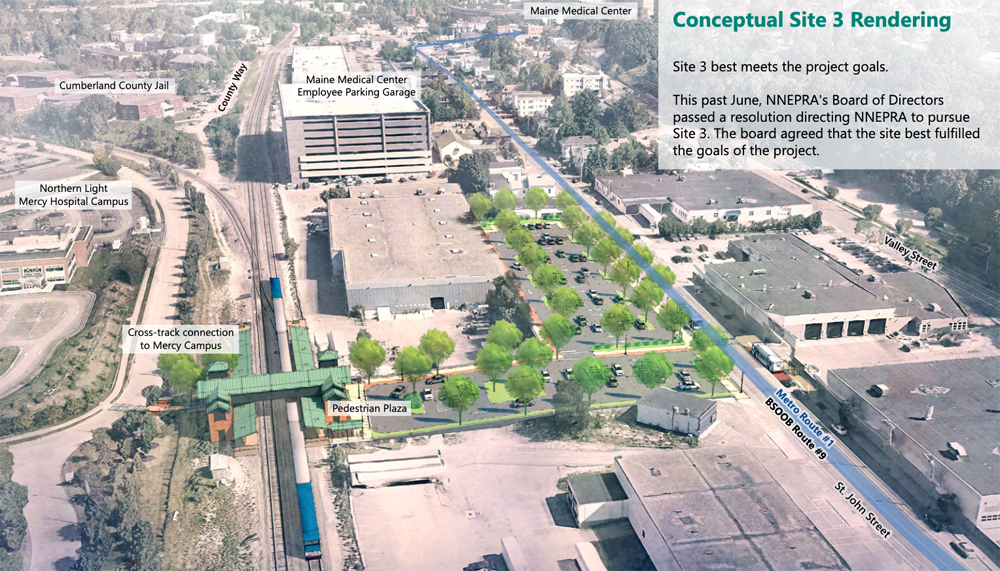 Illustration of the proposed station site in Portland, Maine, with surrounding facilities, including hospital facilities