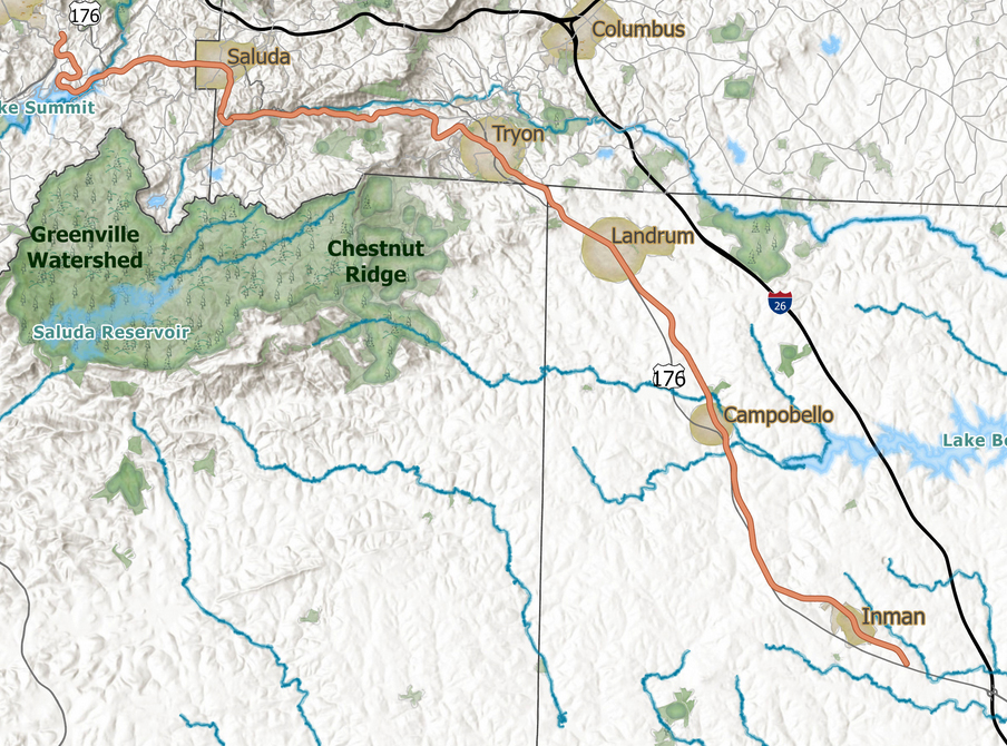 Map of former rail line in North and South Carolina