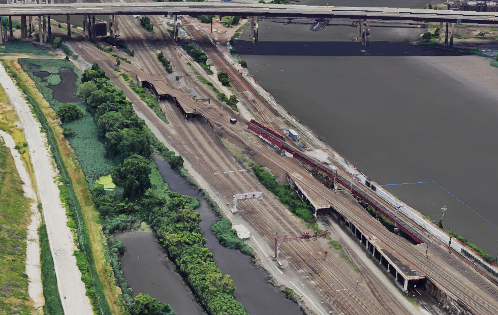 Aerial view of rail bridge across other rail lines