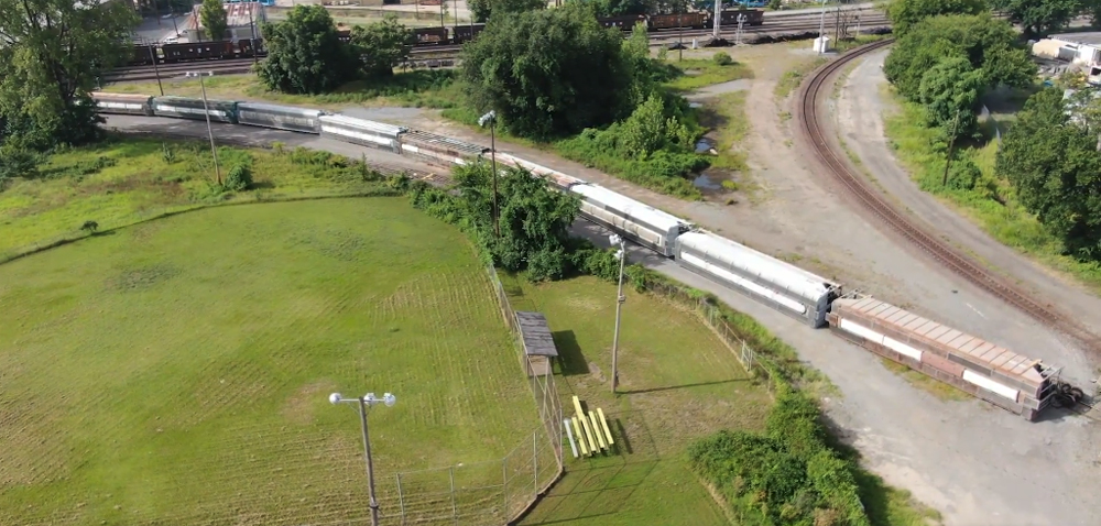 Aerial view of derailed cars on wye