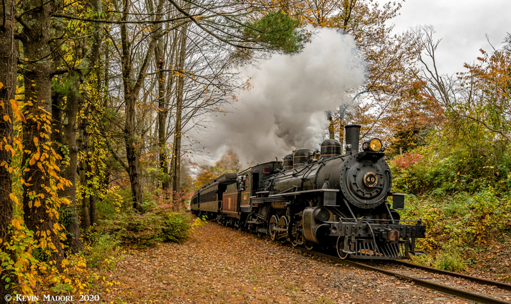 Steam locomotive with train in fall colors