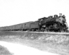 Smokeless steam locomotive with passenger train on elevated trackage