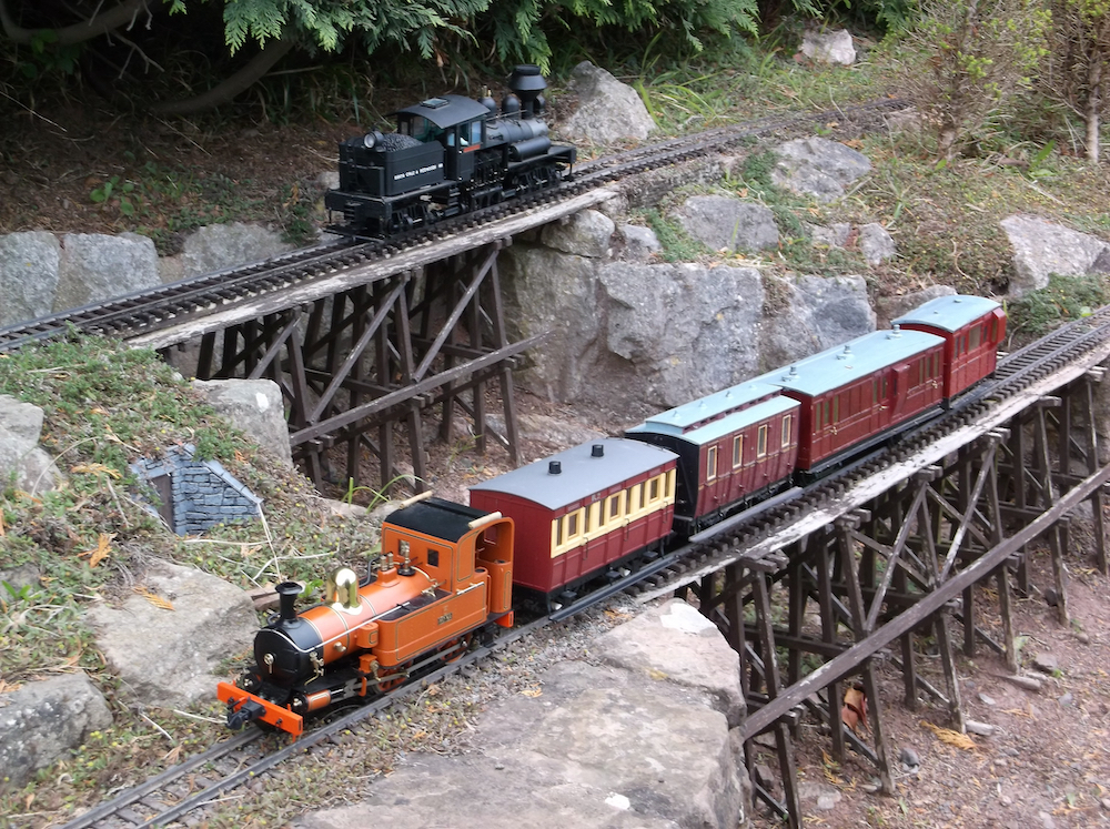 two locomotives on a garden railway; adventure in imagination