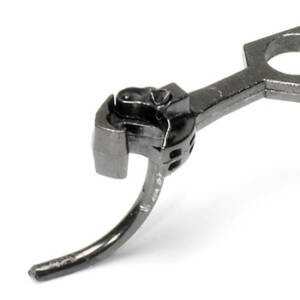 A metal knuckle coupler on a white background