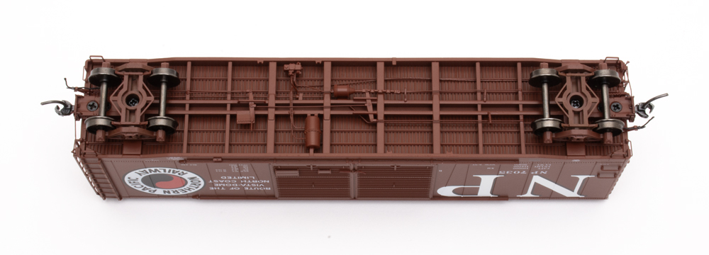 Color photo showing underbody of HO scale boxcar.