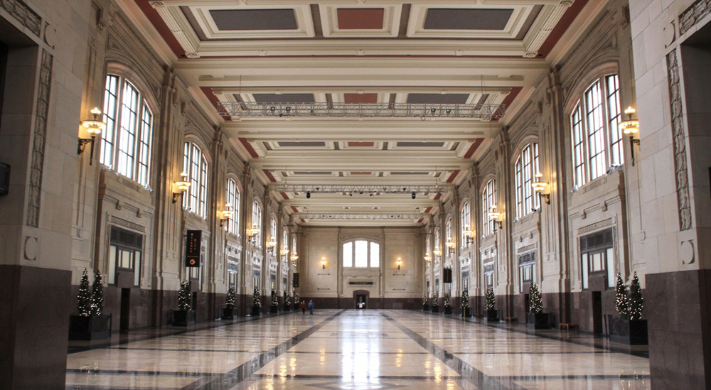 A color photograph of the interior of a train station