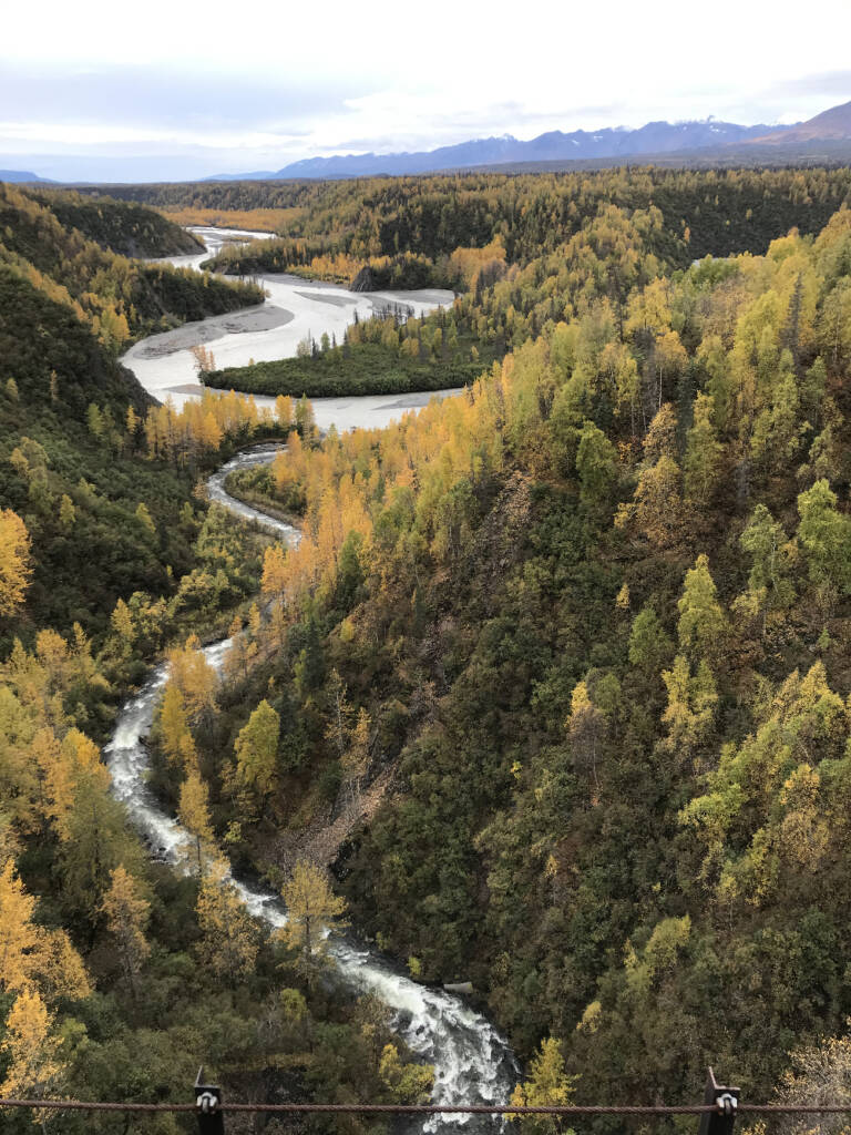 Deep mountain gulch with river at bottom. Alaska by rail.