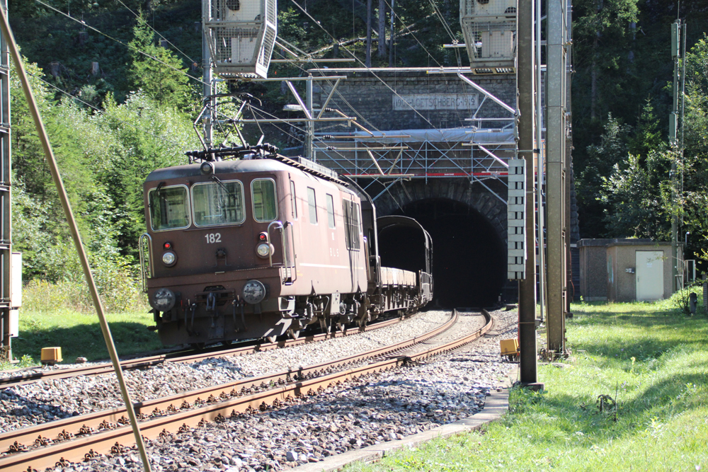 Rust-red electric locomotive at end of train entering tunnel