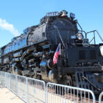 Three-quarter view of steam locomotive