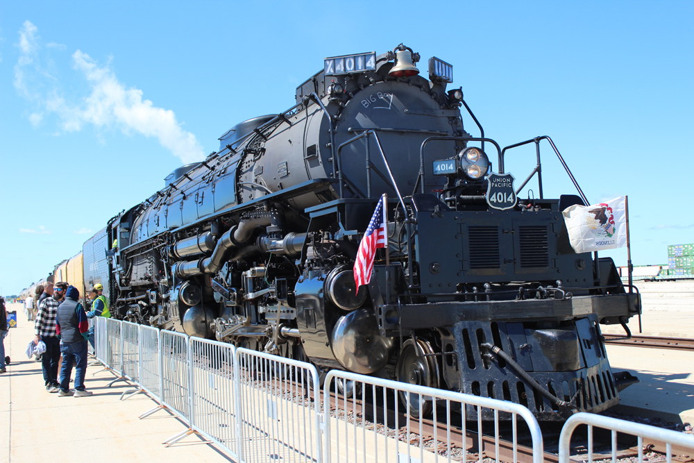 Three-quarter view of steam locomotive