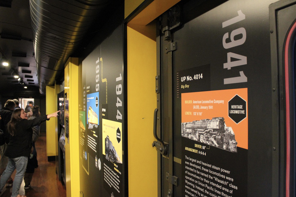 Inside of railcar with informational displays on UP's Big Boy and Union Pacific.