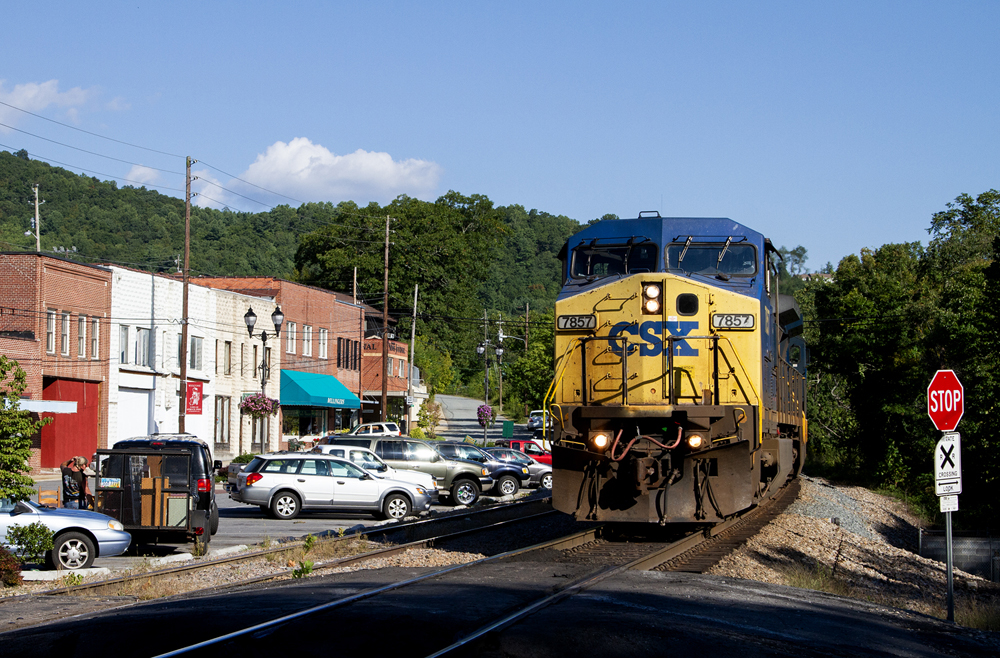 CSX train passing through small town