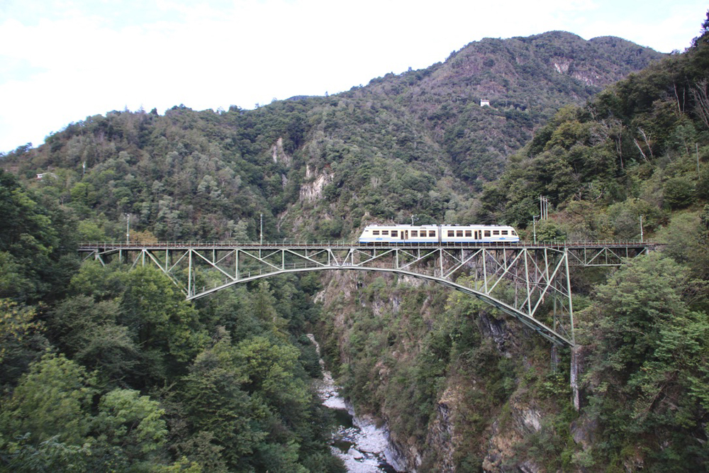 Two-car electric train on high bridge