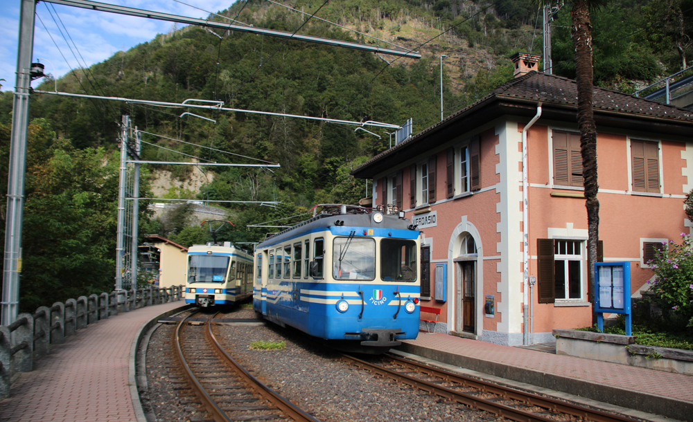 Blue and white train passes another train at a station