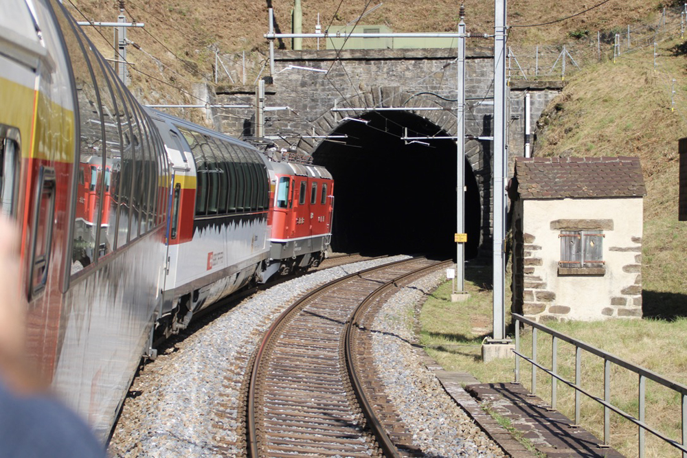 Swiss train entering tunnel as seen from onboard