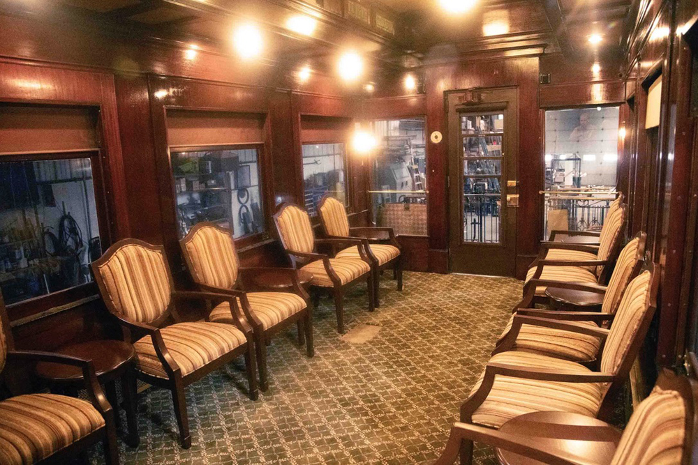 Ornate interior of restored passenger car