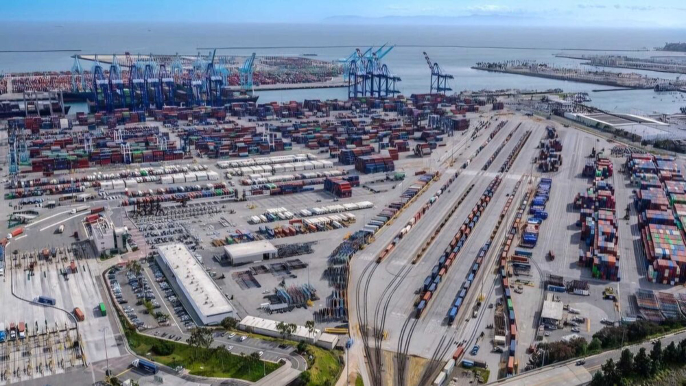 Aerial view of on-dock rail facilities at port