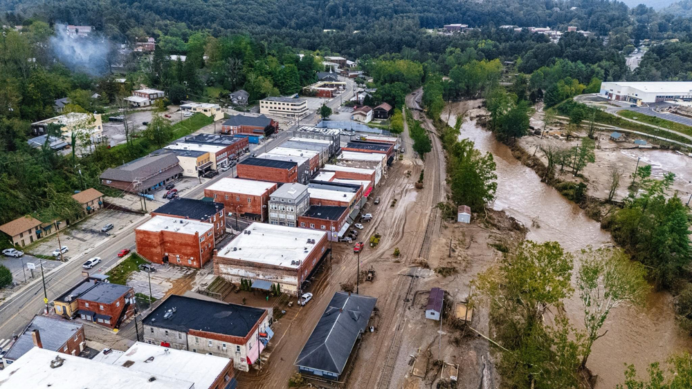 Town and rail line showing flood damage