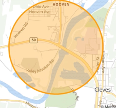 Map of evacuation area of styrene leak in Cleves, Ohio