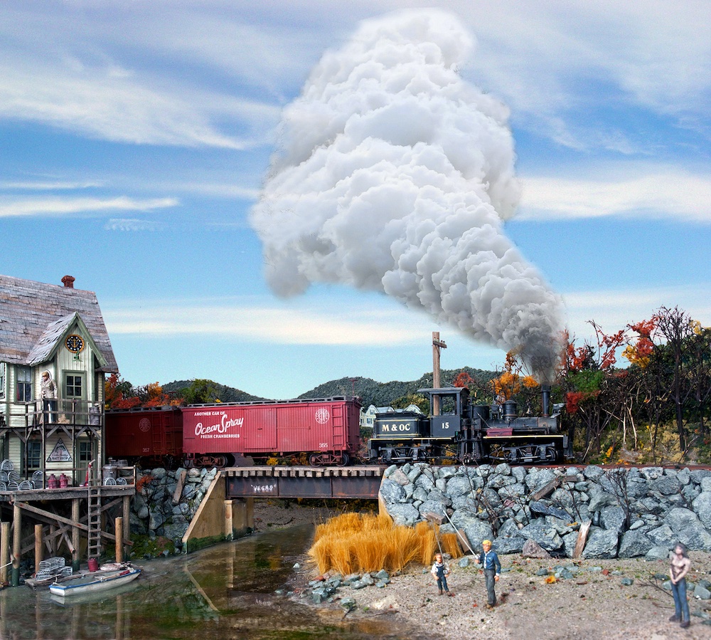 model steam locomotive with smoke crossing bridge