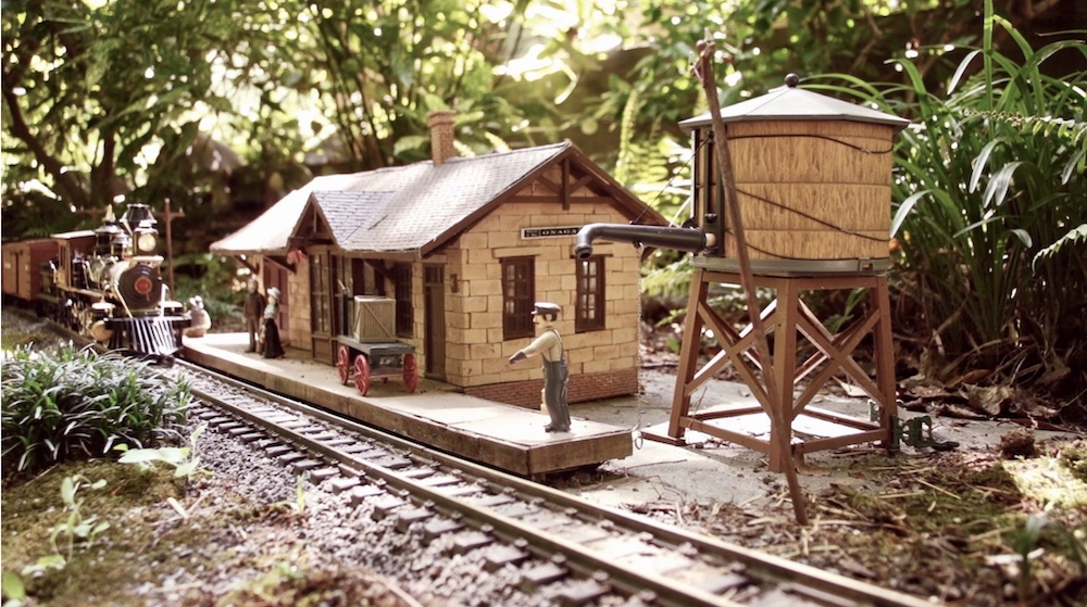 model of depot on garden railway