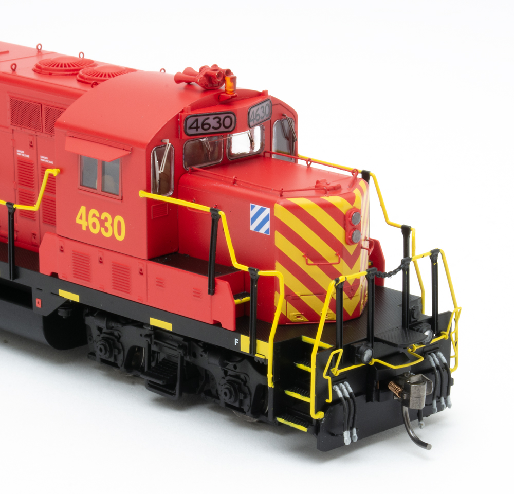 Color photo showing nose details on HO scale diesel locomotive.