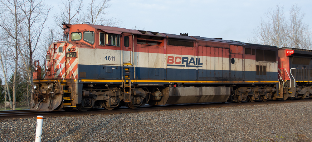 Color photo of prototype diesel locomotive painted red, white, and blue