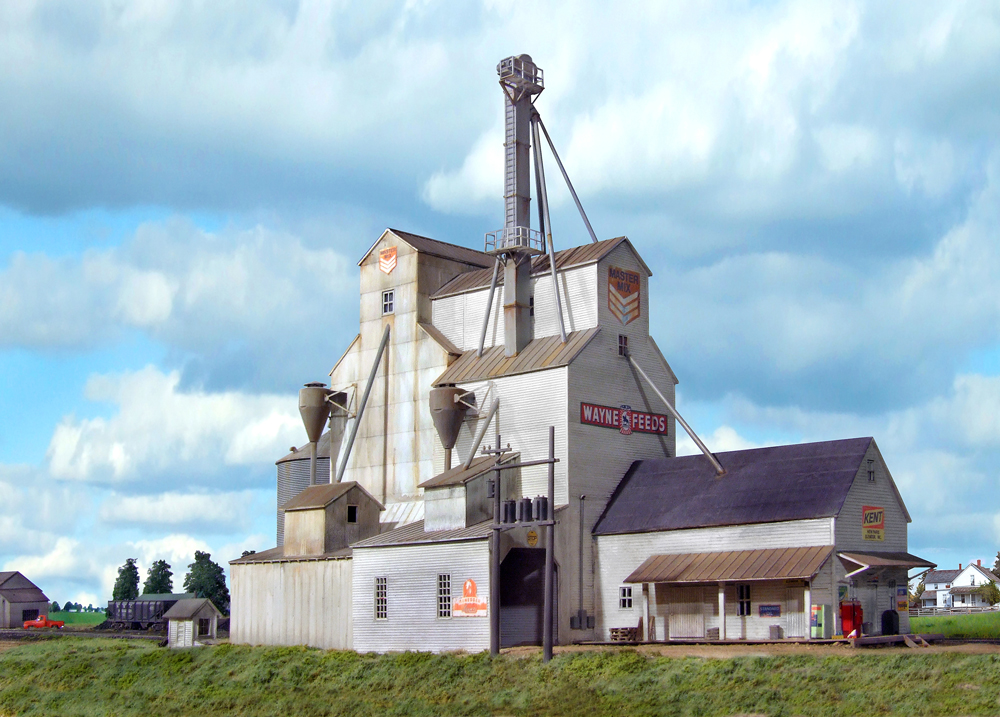 Color photo of HO scale grain elevator.