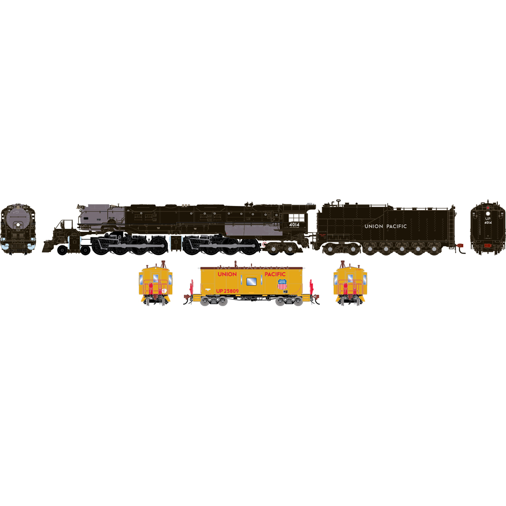 A black model steam locomotive with tender car and a yellow model caboose pictured below