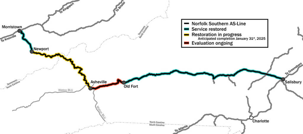 Map of Norfolk Southern line between Morristown, Tenn., and Salisbury, N.C.