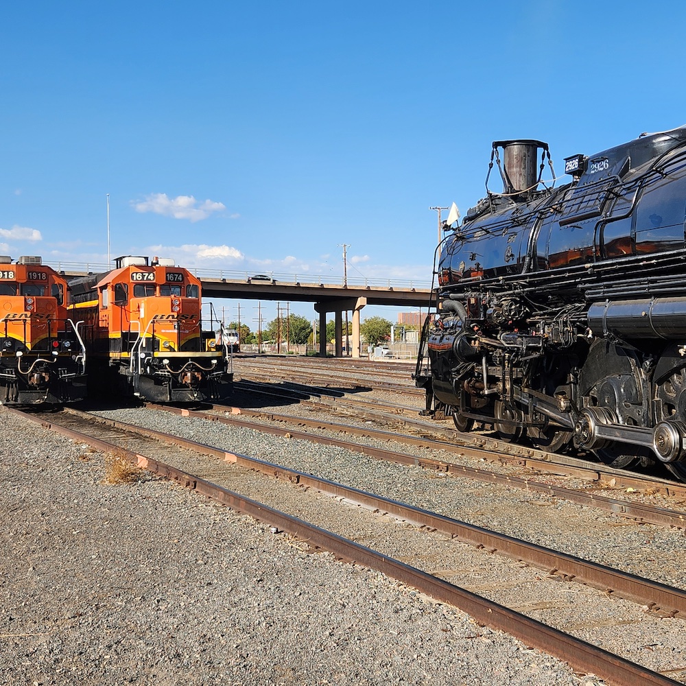 Steam locomotive in rail yard with modern diesels