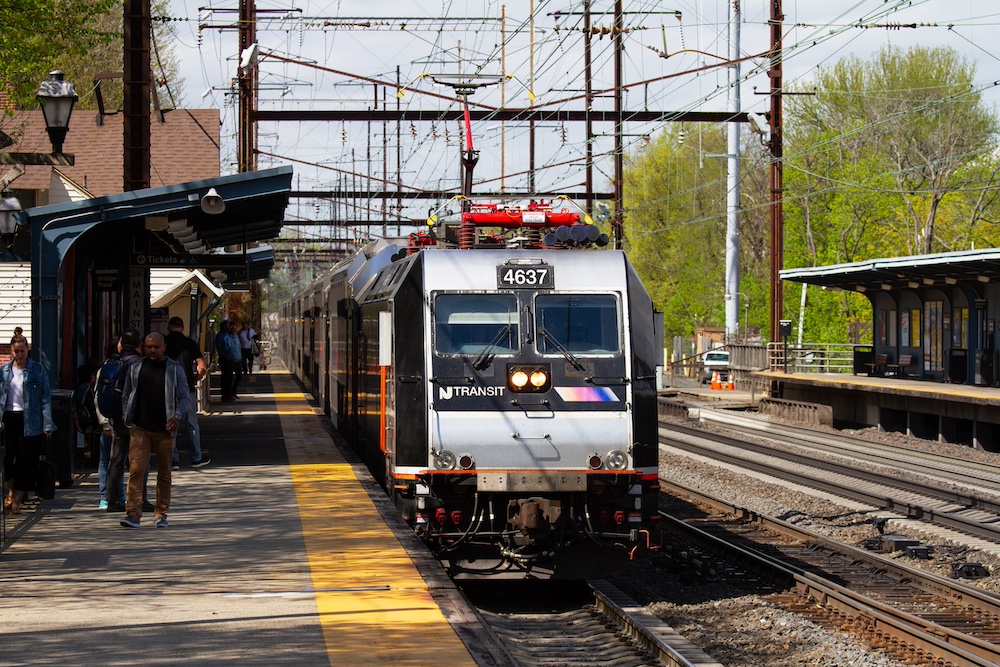 Electric train arriving at a station