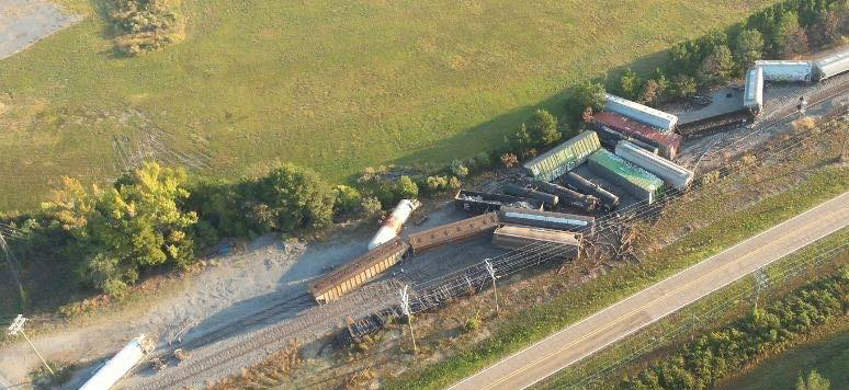 Aerial view of derailed freight cars