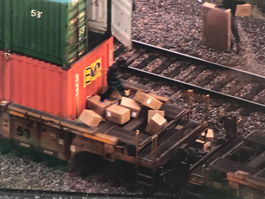 Screen-shot image of container on Union Pacific freight train being looted on Oct. 11, 2024