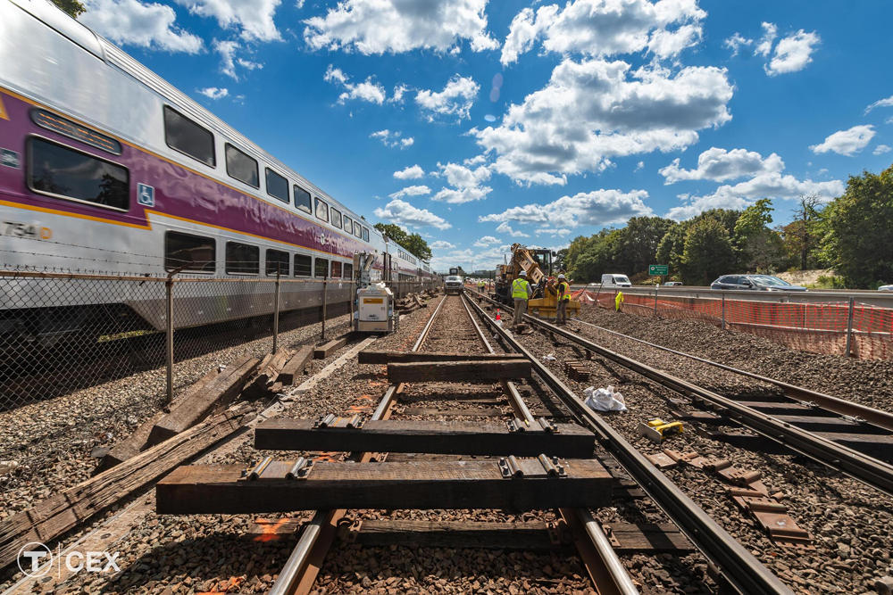 Wooden ties undergoing replacement on transit line