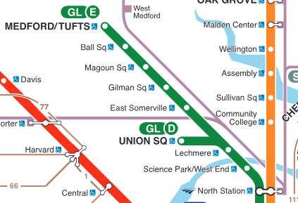 Small segment of MBTA transit map