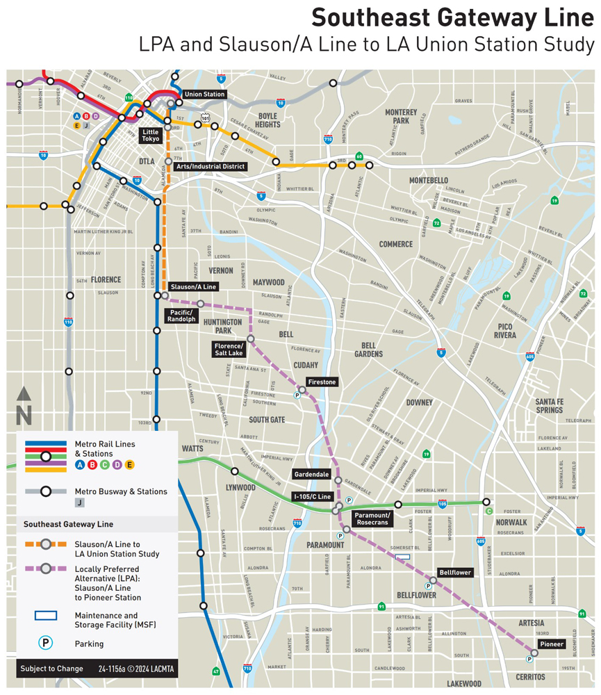 Map of light rail line in Los Angeles County