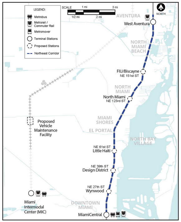 Map of rail line between Miami and Aventura, Fla.