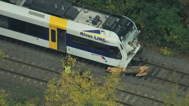 Aerial view of damaged light rail trainset