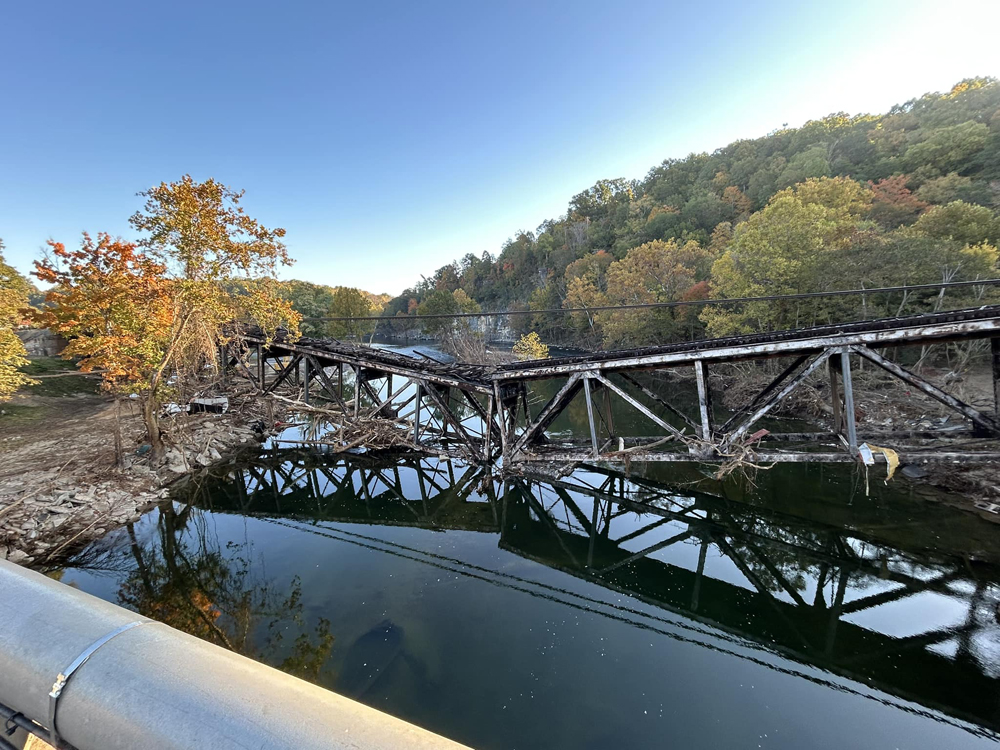 Bridge over river, bent in middle of span