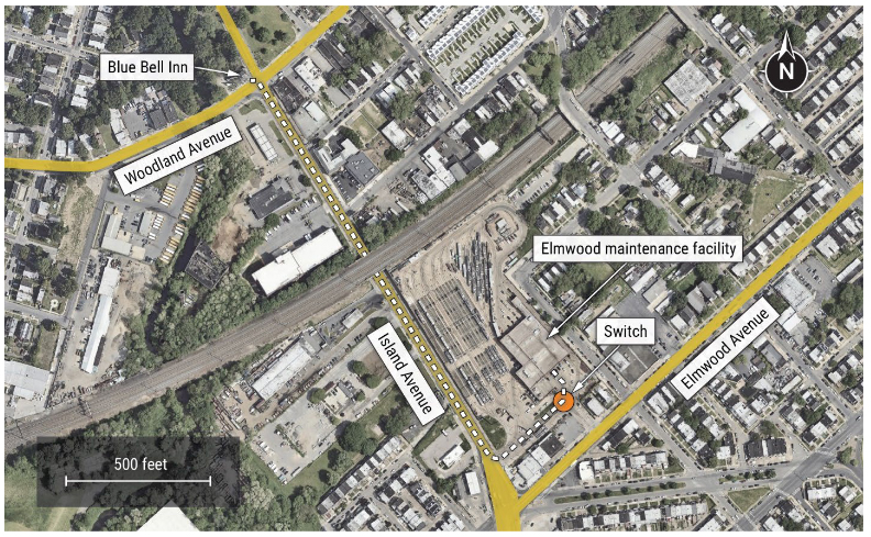 Aerial view of area near SEPTA trolley maintenance facility